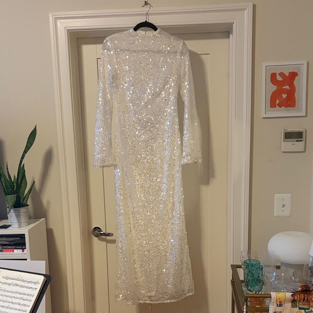Meshki White Sequin Backless Long Sleeve Gown